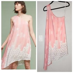 Maeve Anthropologie Silk One Shoulder Pink white purple dress size 6